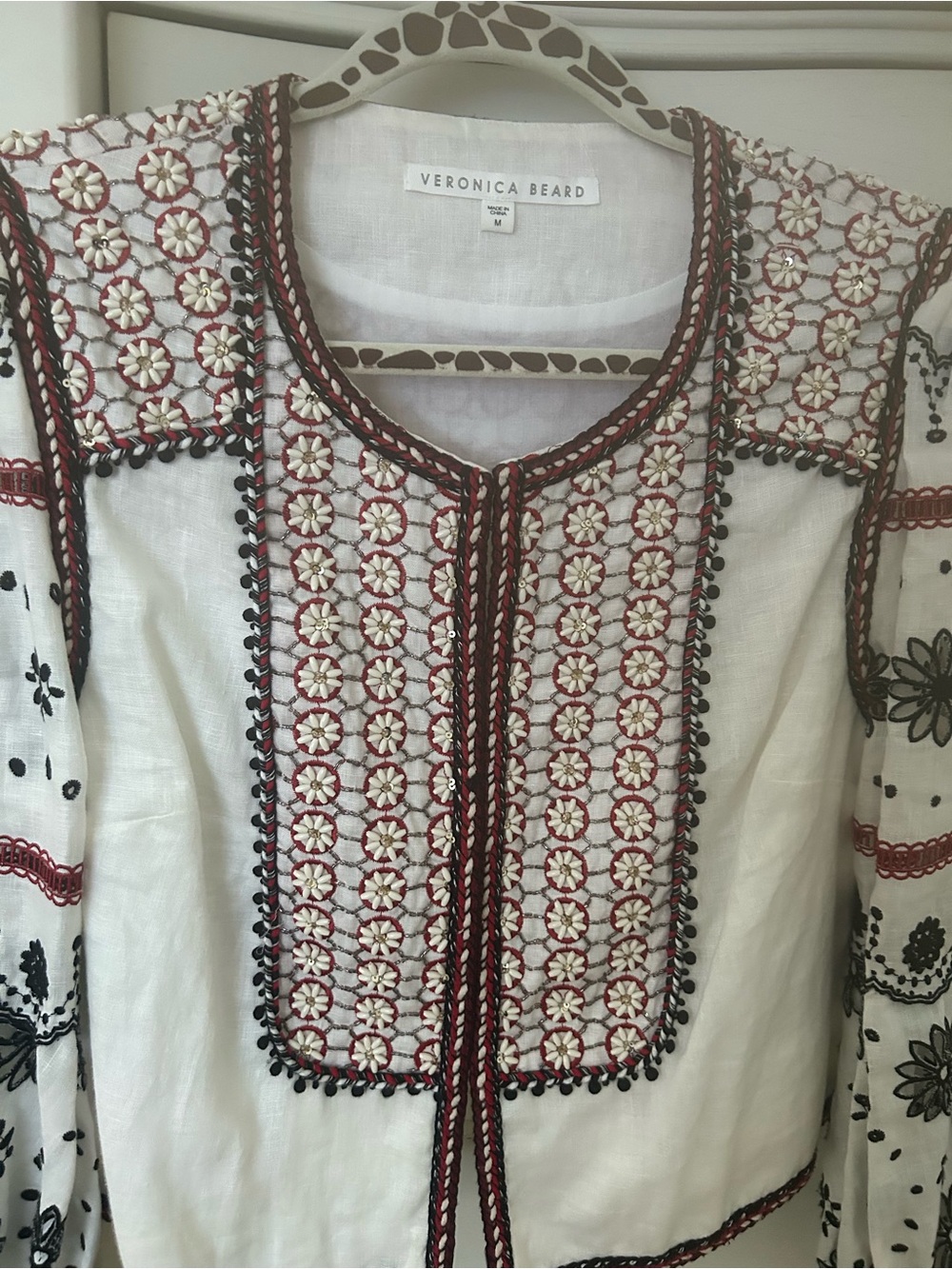 Veronica Beard White Embroidered Jacket with Burgundy and Black Accents - Picture 5 of 10